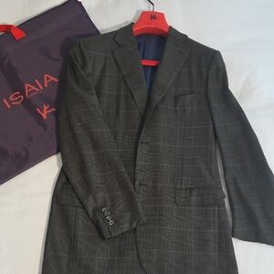 Isaia Men's Olive Plaid Jacket, Base S, IT52, US42